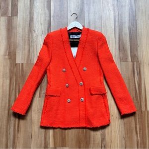 Zara Womens Bright Orange Jeweled-Buttoned Tweed Blazer size XS